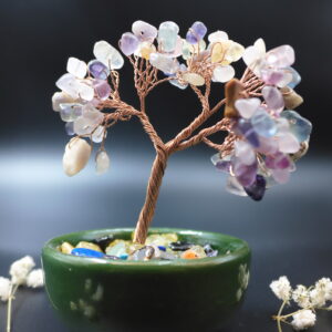 Rainbow gemstone crystal bonsai tree with multicolor amethyst rose quartz and fluorite chips in jade green ceramic bowl