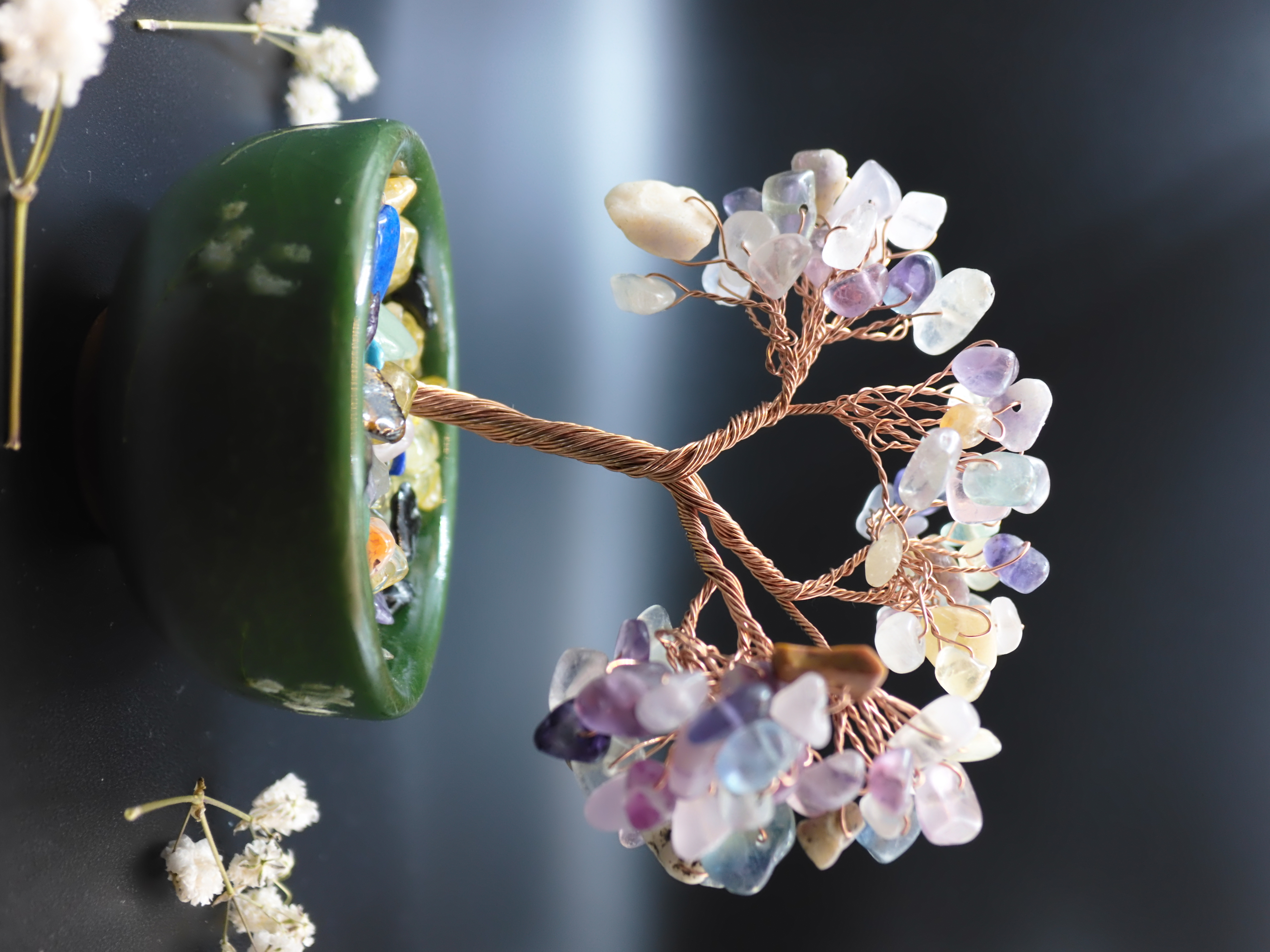 7 Healing Crystals for Complete Chakra Alignment — And Why a Crystal Tree Works Best Rainbow gemstone crystal bonsai tree with multicolor healing stones in jade ceramic bowl