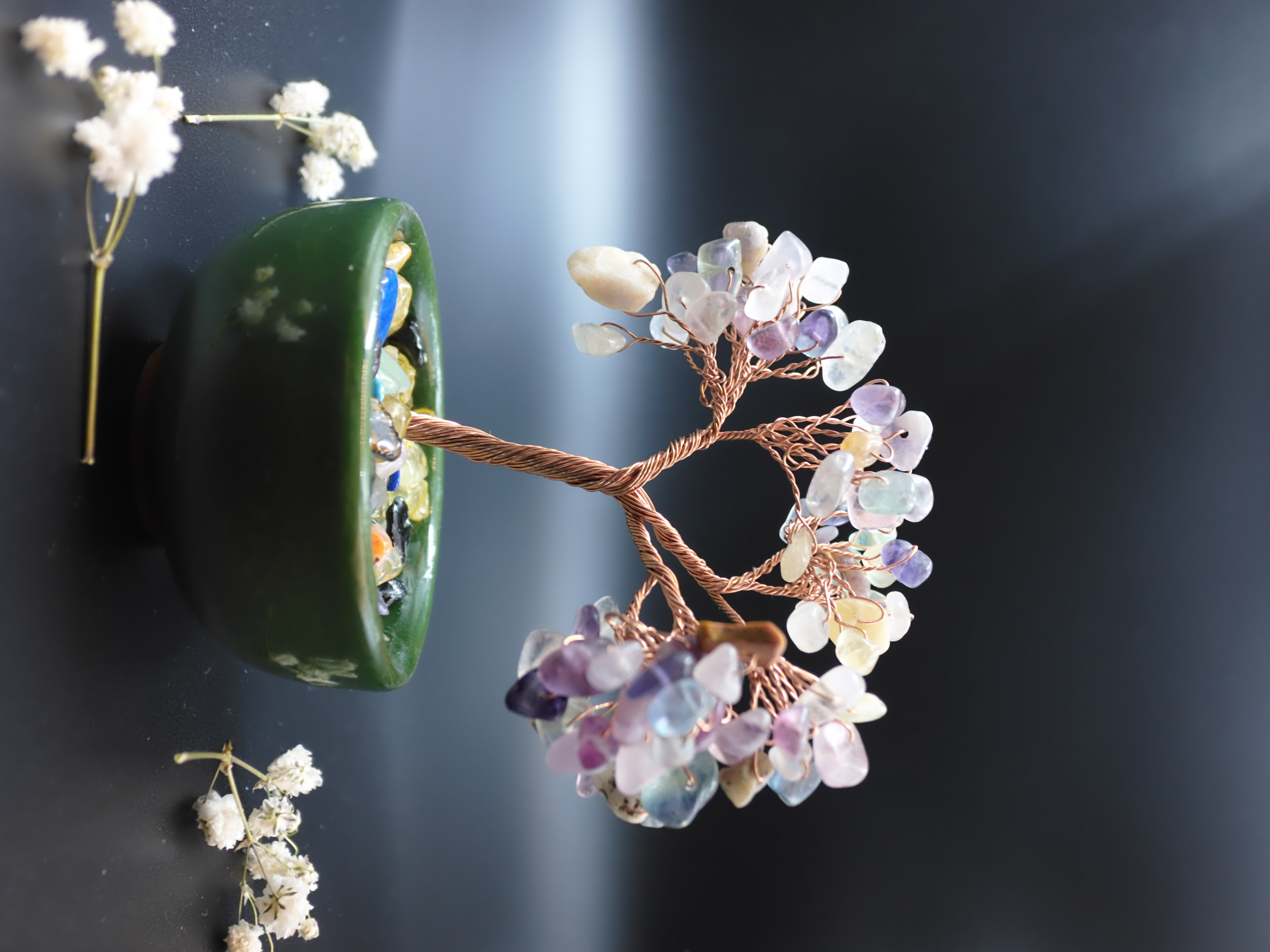 7 Healing Crystals for Complete Chakra Alignment — And Why a Crystal Tree Works Best Multi-stone healing crystal tree branch detail showing amethyst, rose quartz and fluorite chips