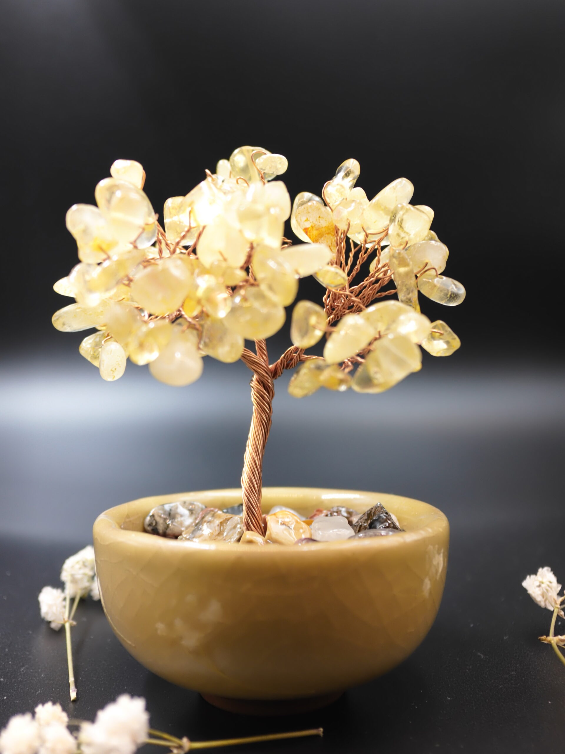 Citrine Crystal Bonsai Tree — Styled Portrait Citrine bonsai tree styled with dried flowers showing honey bowl and rough crystal base