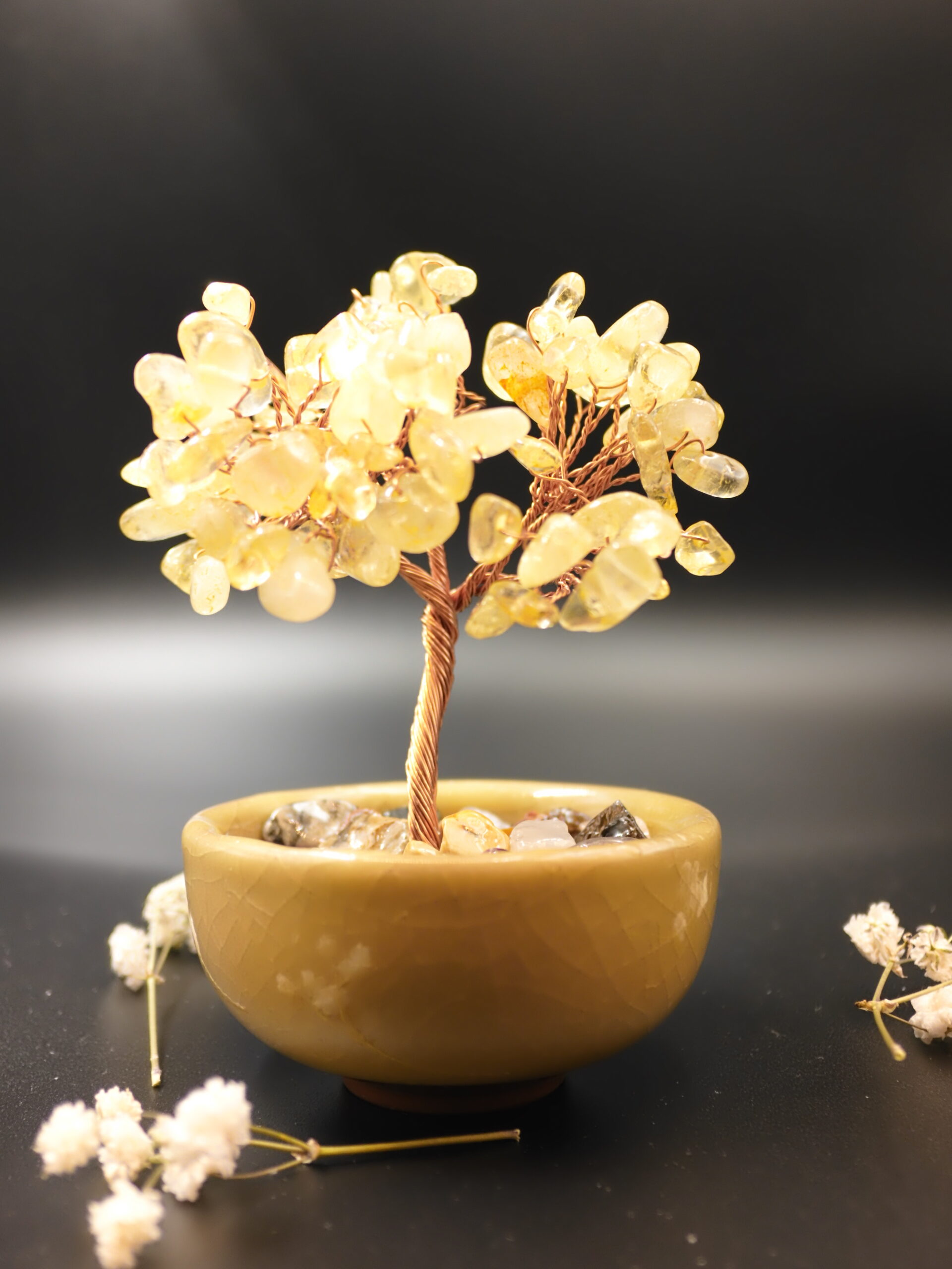 Citrine Crystal Bonsai Tree — Leaf Close-up Citrine crystal wish tree close-up of golden gemstone leaves on copper wire frame