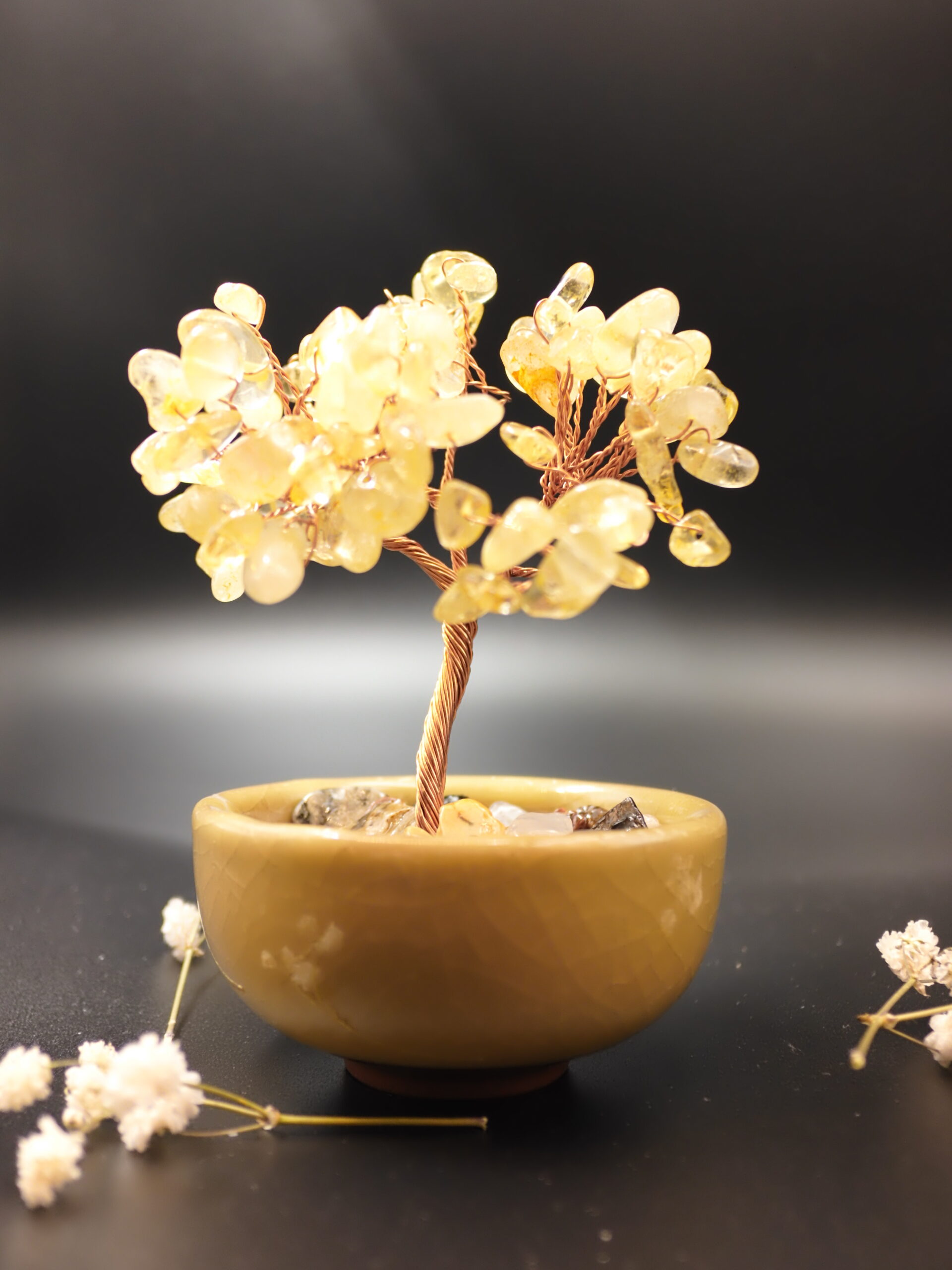 Citrine Crystal Bonsai Tree — Solar Plexus Tree Solar plexus healing crystal tree with citrine chips and warm yellow ceramic bowl