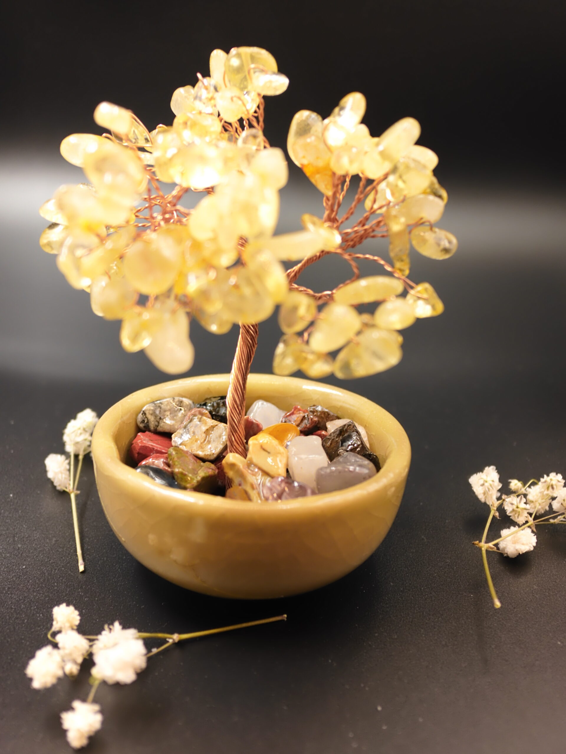 Citrine Crystal Bonsai Tree — Back View Citrine prosperity tree back view with dense yellow gemstone foliage and copper wire