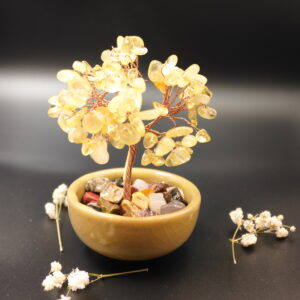 Citrine crystal bonsai tree main view with golden yellow chips in honey ceramic bowl
