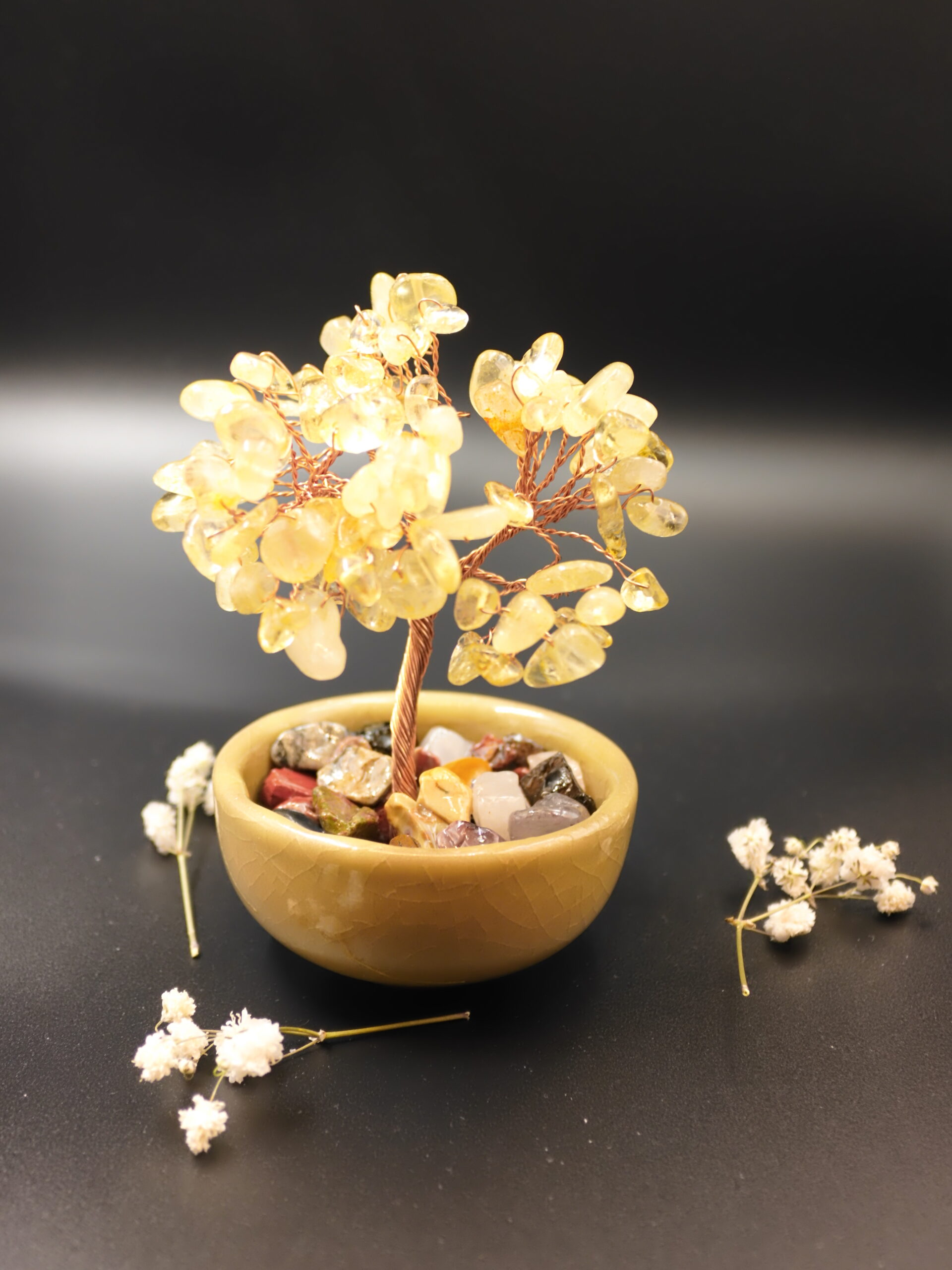 Citrine Crystal Bonsai Tree — Main View Citrine crystal bonsai tree main view with golden yellow chips in honey ceramic bowl
