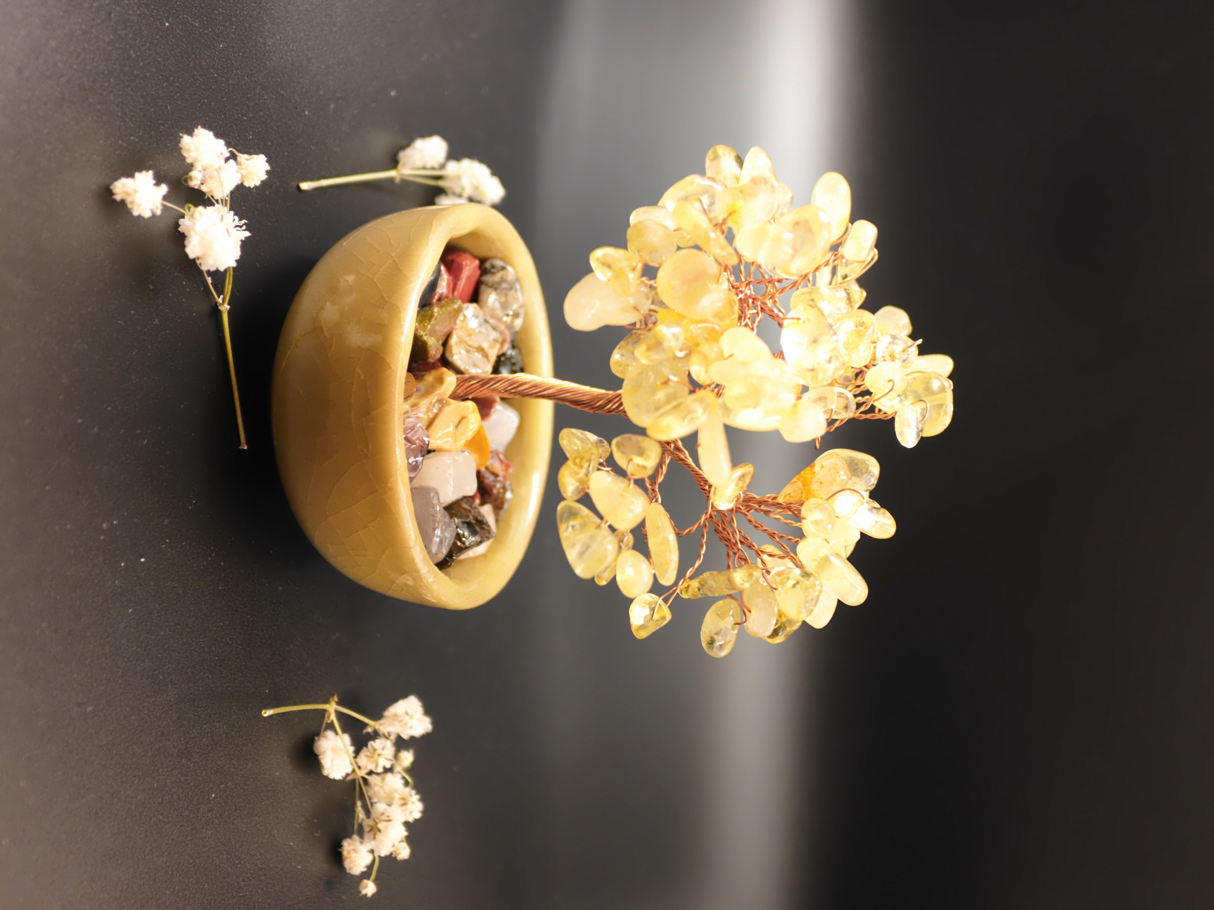 Citrine crystal bonsai tree with golden yellow chips in warm honey ceramic bowl