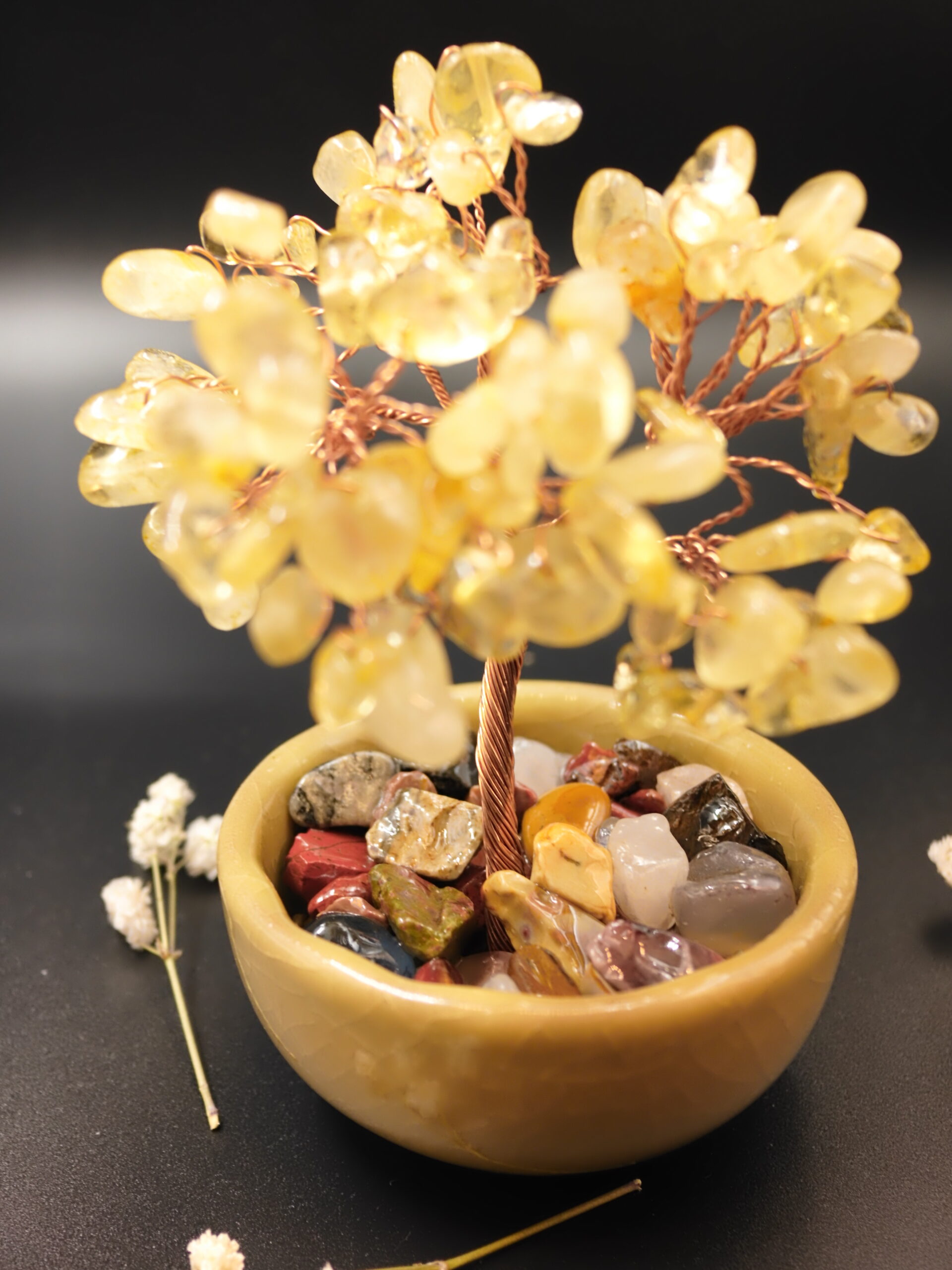 Citrine Crystal Bonsai Tree — Chip Detail Handcrafted citrine bonsai tree showing translucent yellow gemstone chips on branches