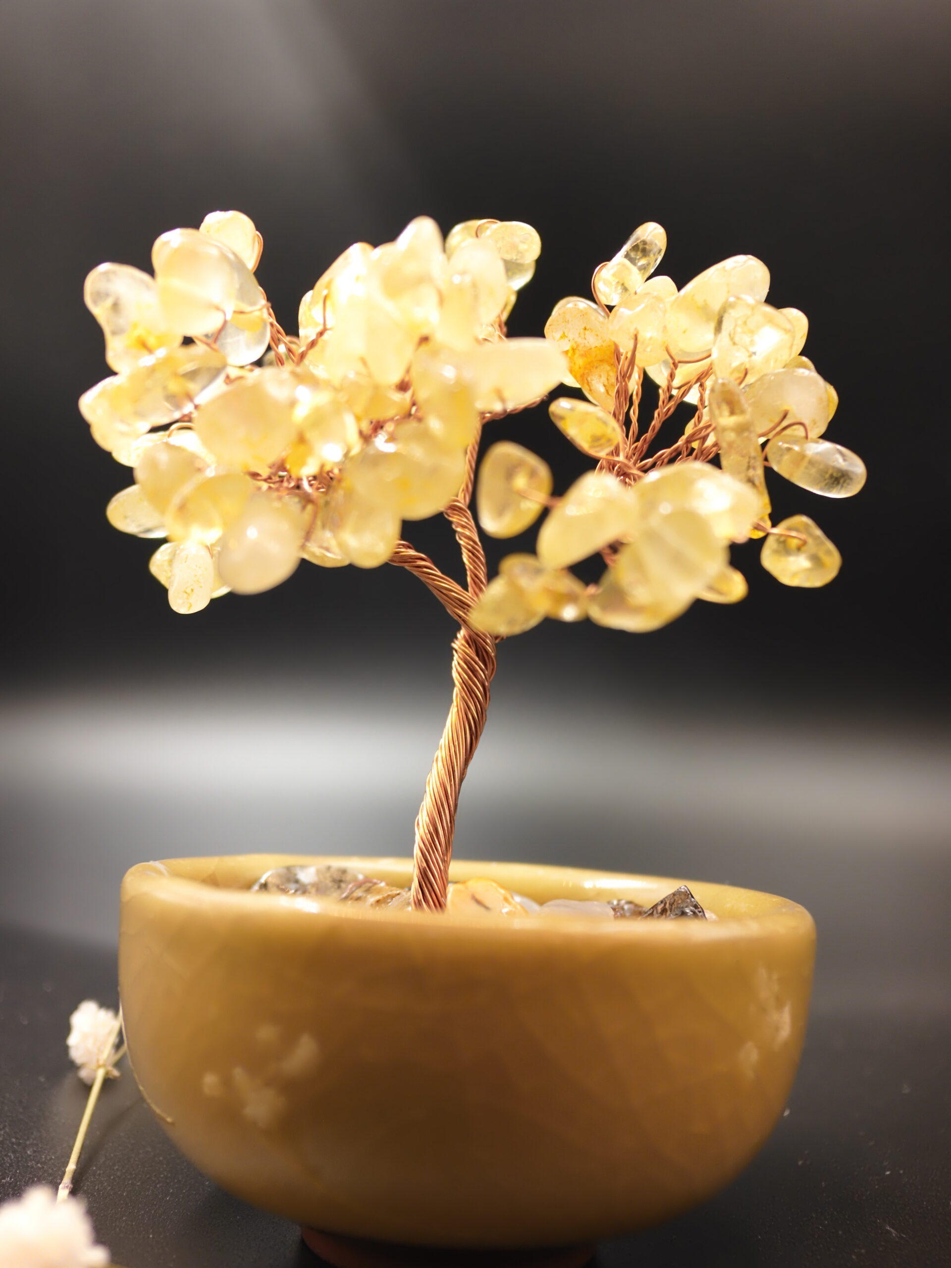 Citrine Crystal Bonsai Tree — Angled View Citrine abundance crystal tree angled view with warm honey yellow ceramic bowl