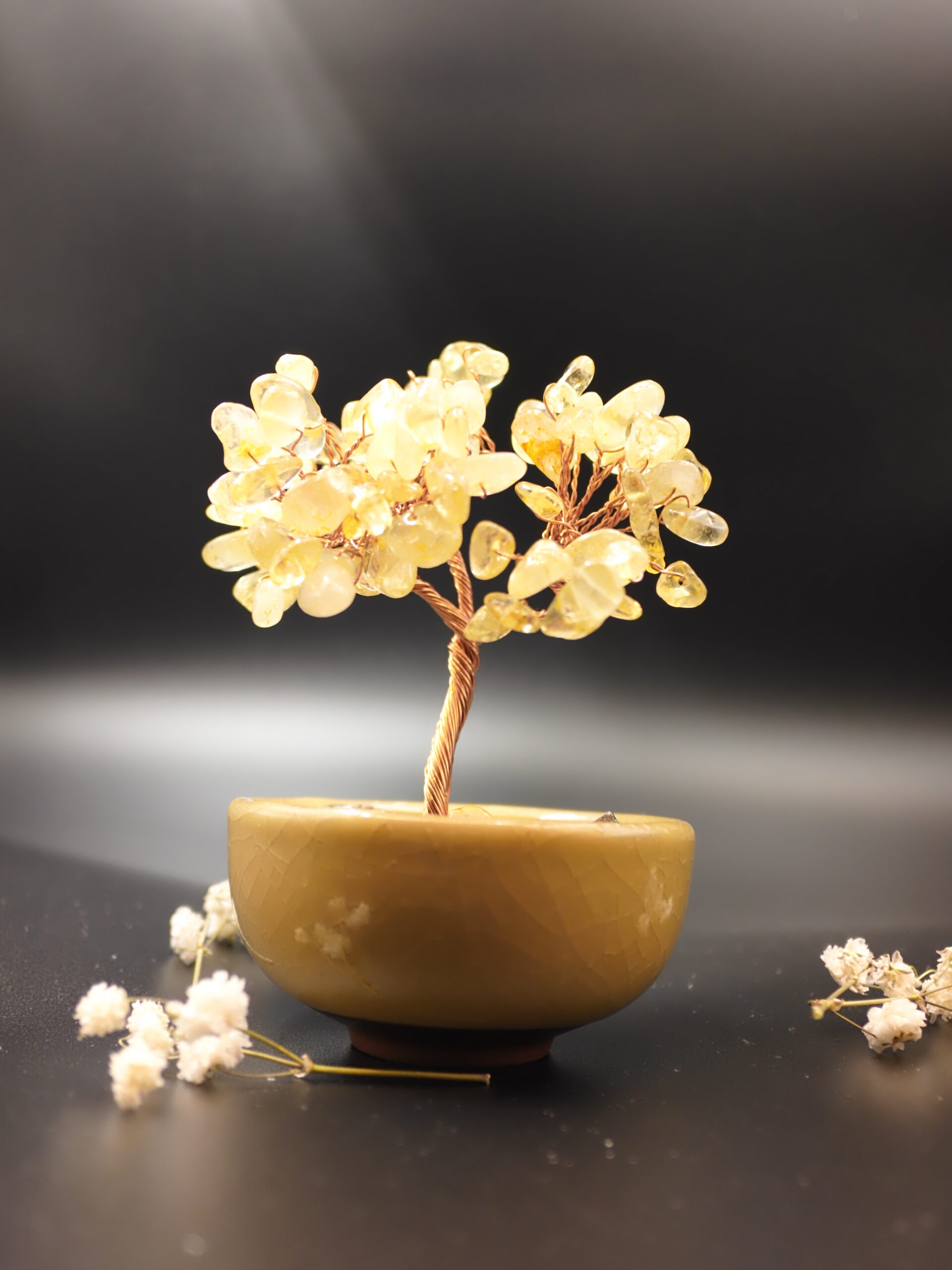 Citrine Crystal Bonsai Tree — Side View Golden citrine crystal tree side view showing copper wire trunk and yellow chip canopy