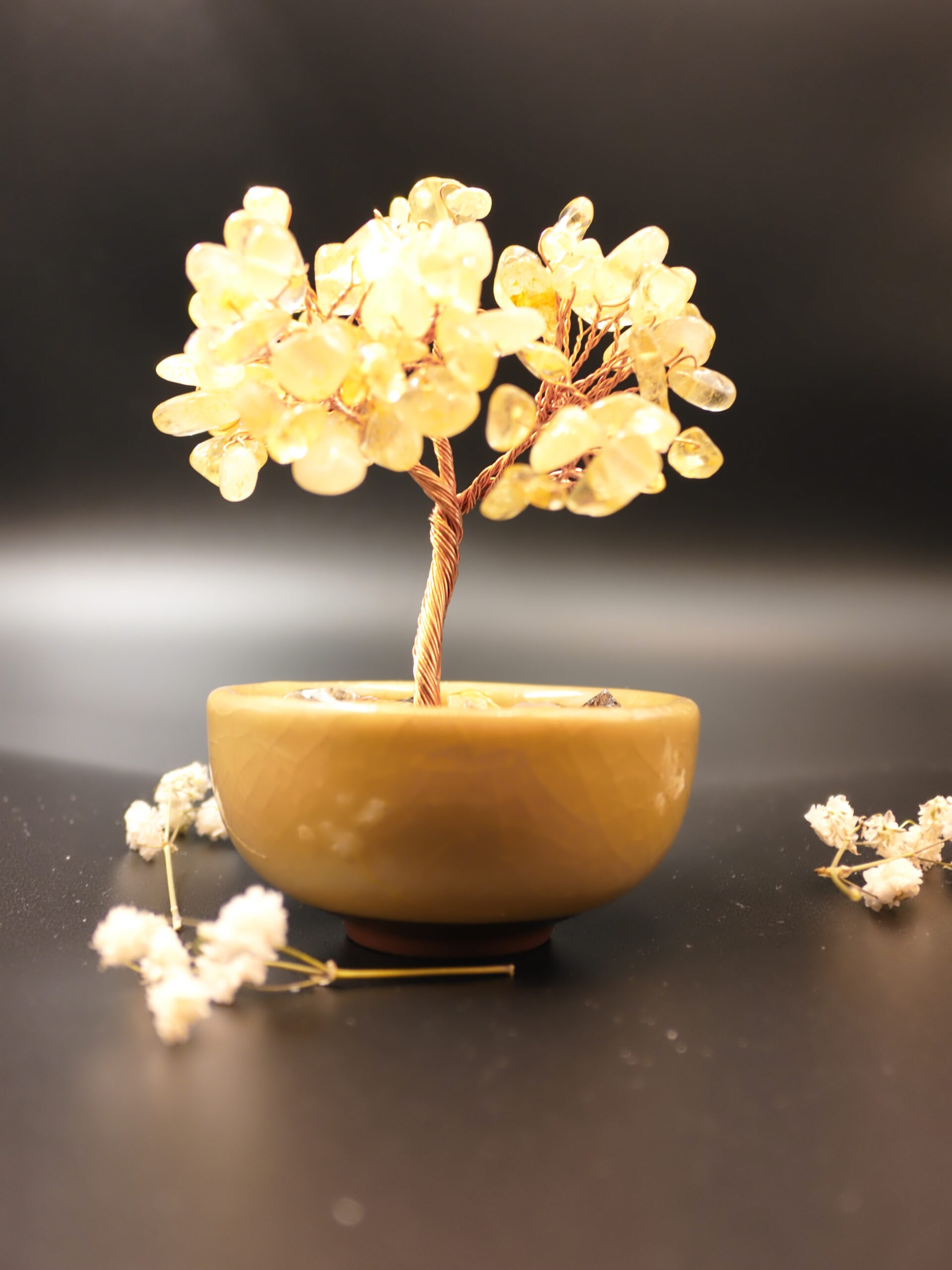 Citrine Crystal Bonsai Tree — With Bowl Citrine healing wish tree with honey ceramic bowl and rough crystal gravel base