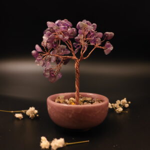 Amethyst crystal bonsai tree main view with purple chips in mauve ceramic bowl