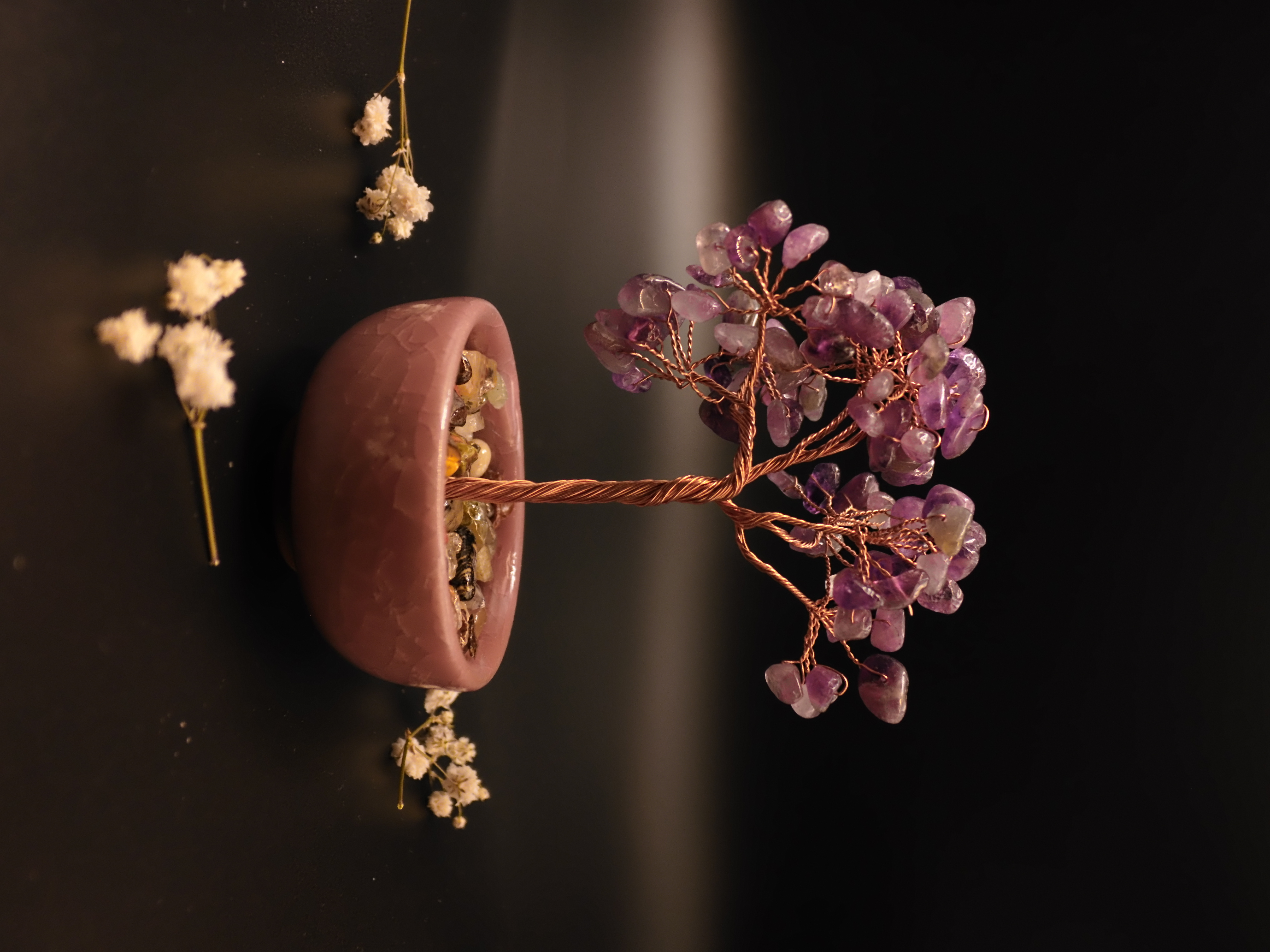 Amethyst crystal bonsai tree main view with purple chips in mauve ceramic bowl