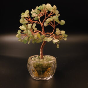 Green aventurine Feng Shui wish tree main view with crystal glass fortune bowl and gold coins