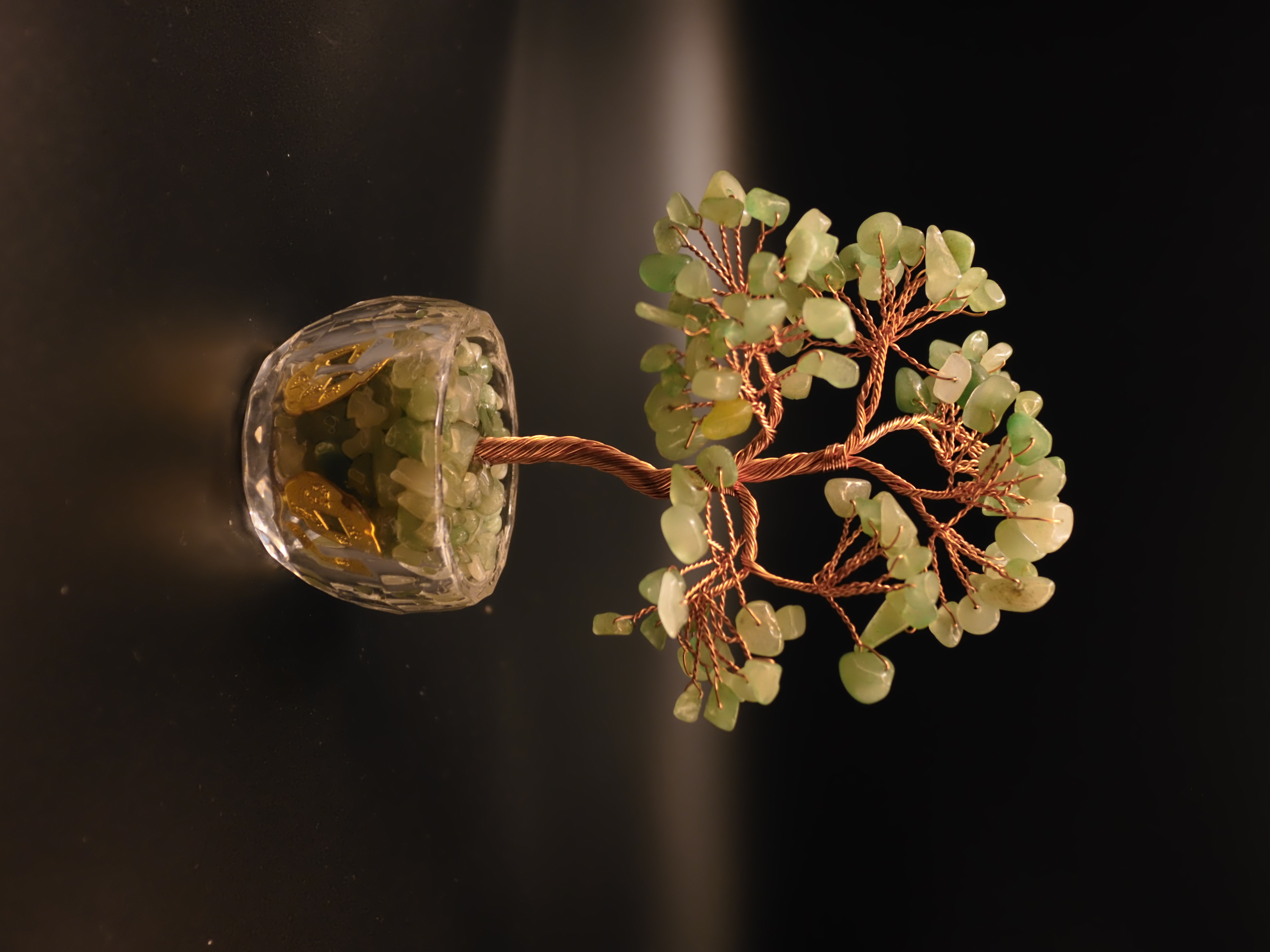 Green aventurine Feng Shui wish tree with crystal glass fortune bowl and gold coins