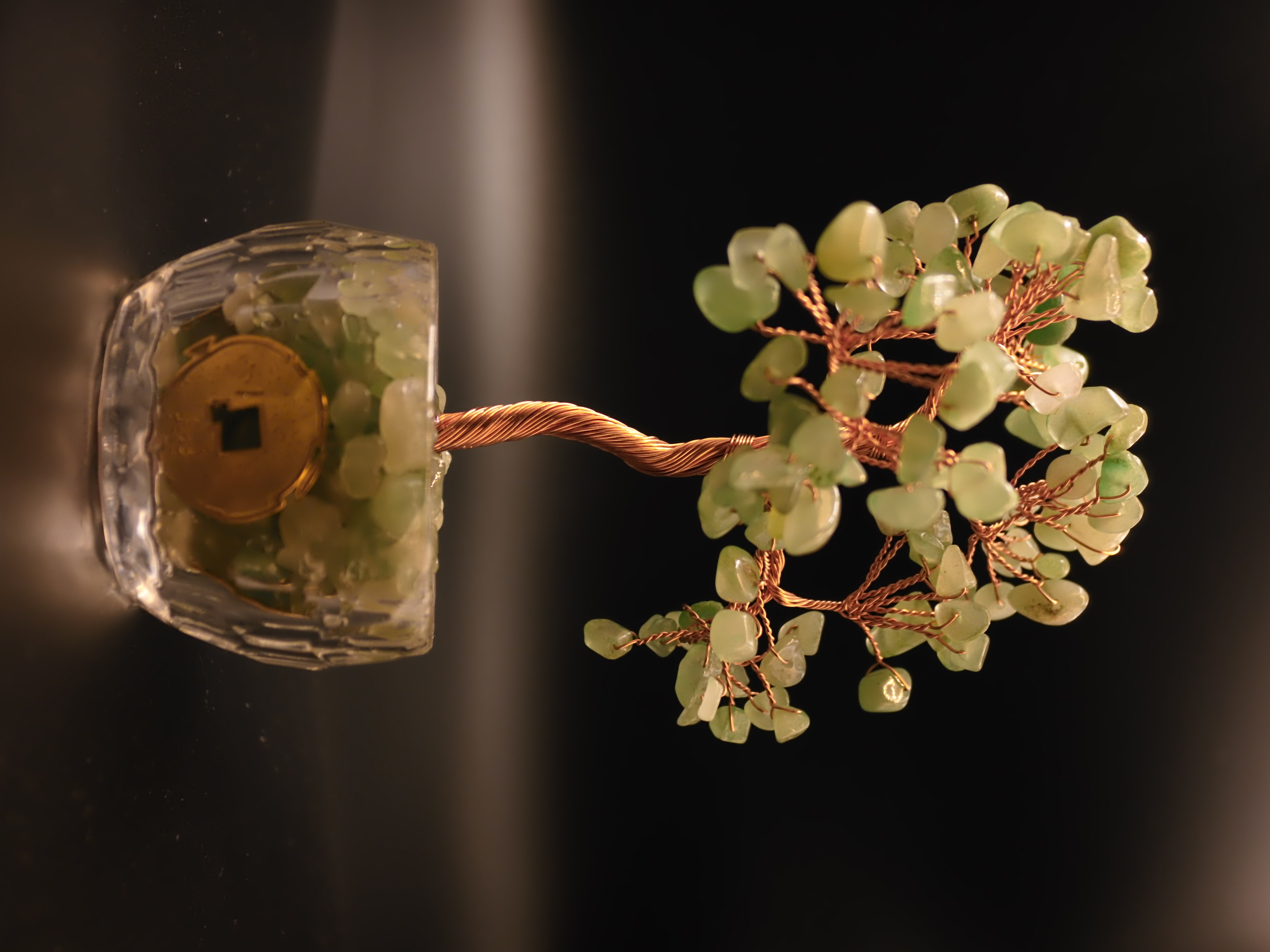 Green aventurine bonsai tree angled view showing aventurine gravel in faceted crystal glass bowl