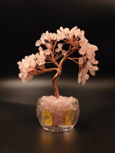 Rose Quartz Feng Shui Wish Tree | Prosperity Crystal Glass Bowl with Lucky Gold Coins