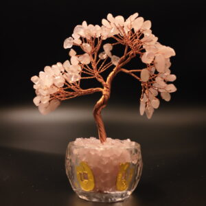 Rose quartz Feng Shui crystal tree main view with gold coin crystal glass bowl base