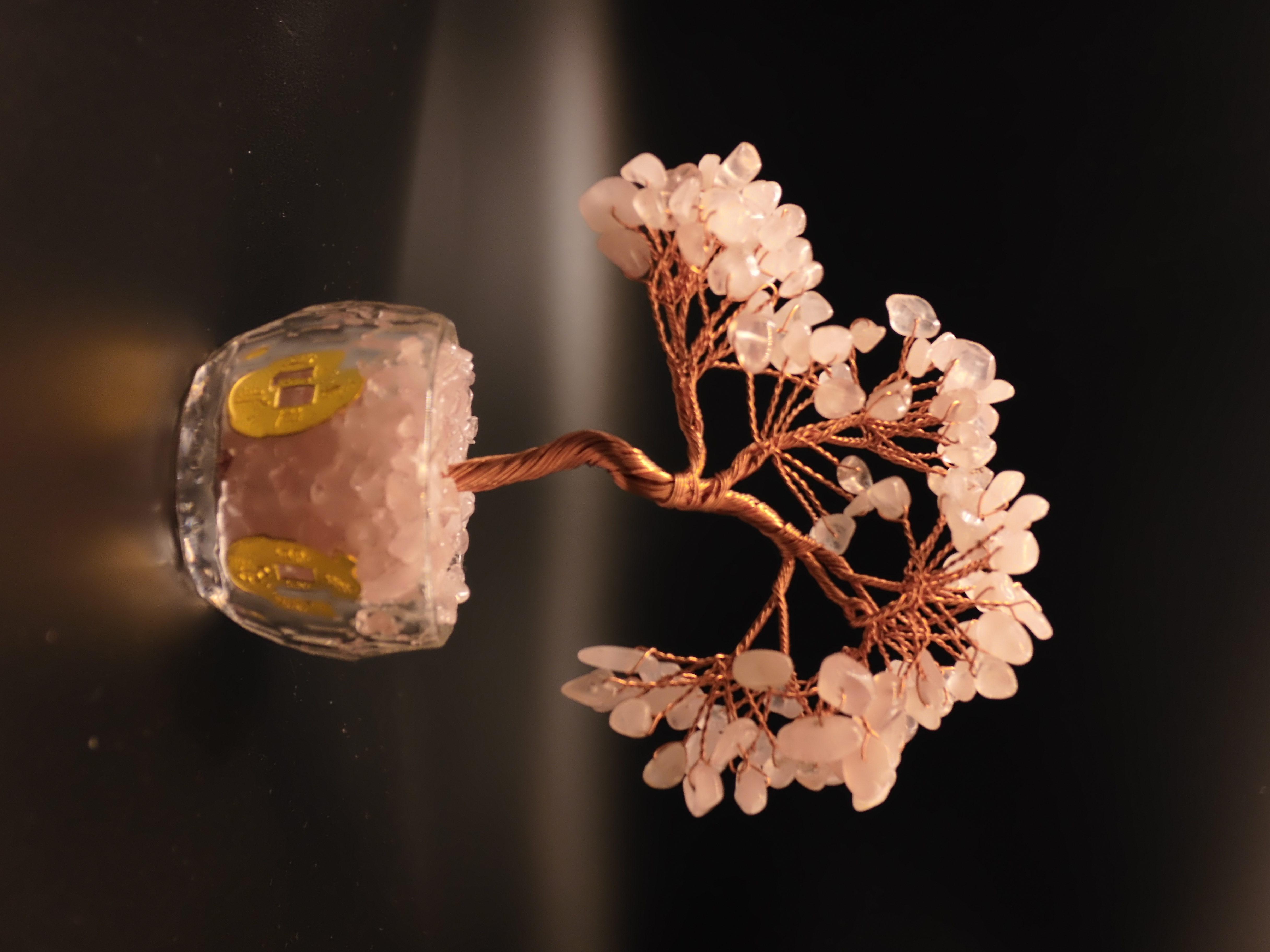 Rose quartz Feng Shui crystal tree with gold coin crystal glass fortune bowl